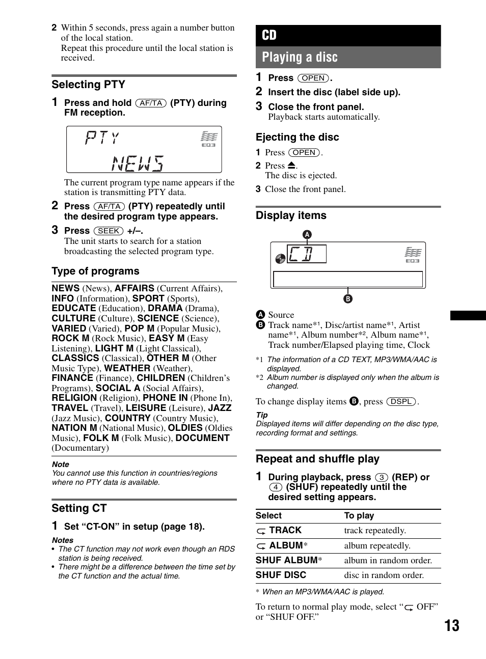 Selecting pty, Setting ct, Playing a disc | Display items, Repeat and shuffle play, Selecting pty setting ct, Display items repeat and shuffle play, Cd playing a disc | Sony CDX-MR60UI User Manual | Page 13 / 172