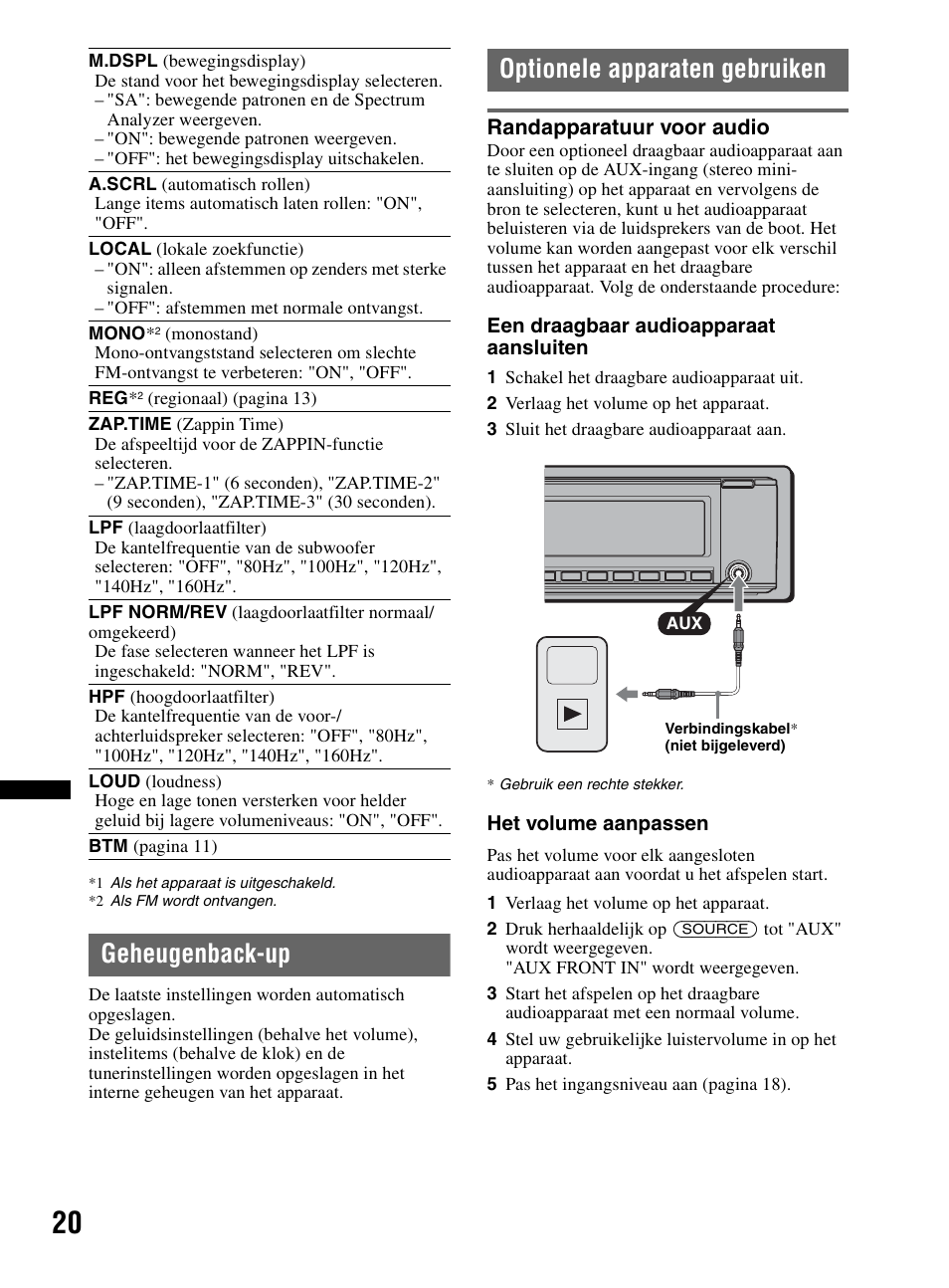 Geheugenback-up, Optionele apparaten gebruiken, Randapparatuur voor audio | Geheugenback-up optionele apparaten gebruiken | Sony CDX-MR60UI User Manual | Page 132 / 172