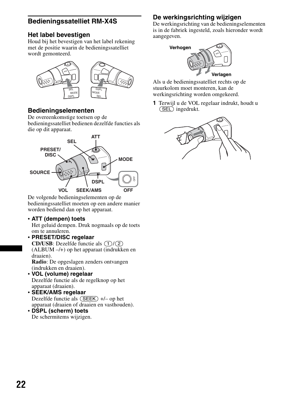 Bedieningssatelliet rm-x4s, Het label bevestigen, Bedieningselementen | De werkingsrichting wijzigen | Sony CDX-MR60UI User Manual | Page 134 / 172