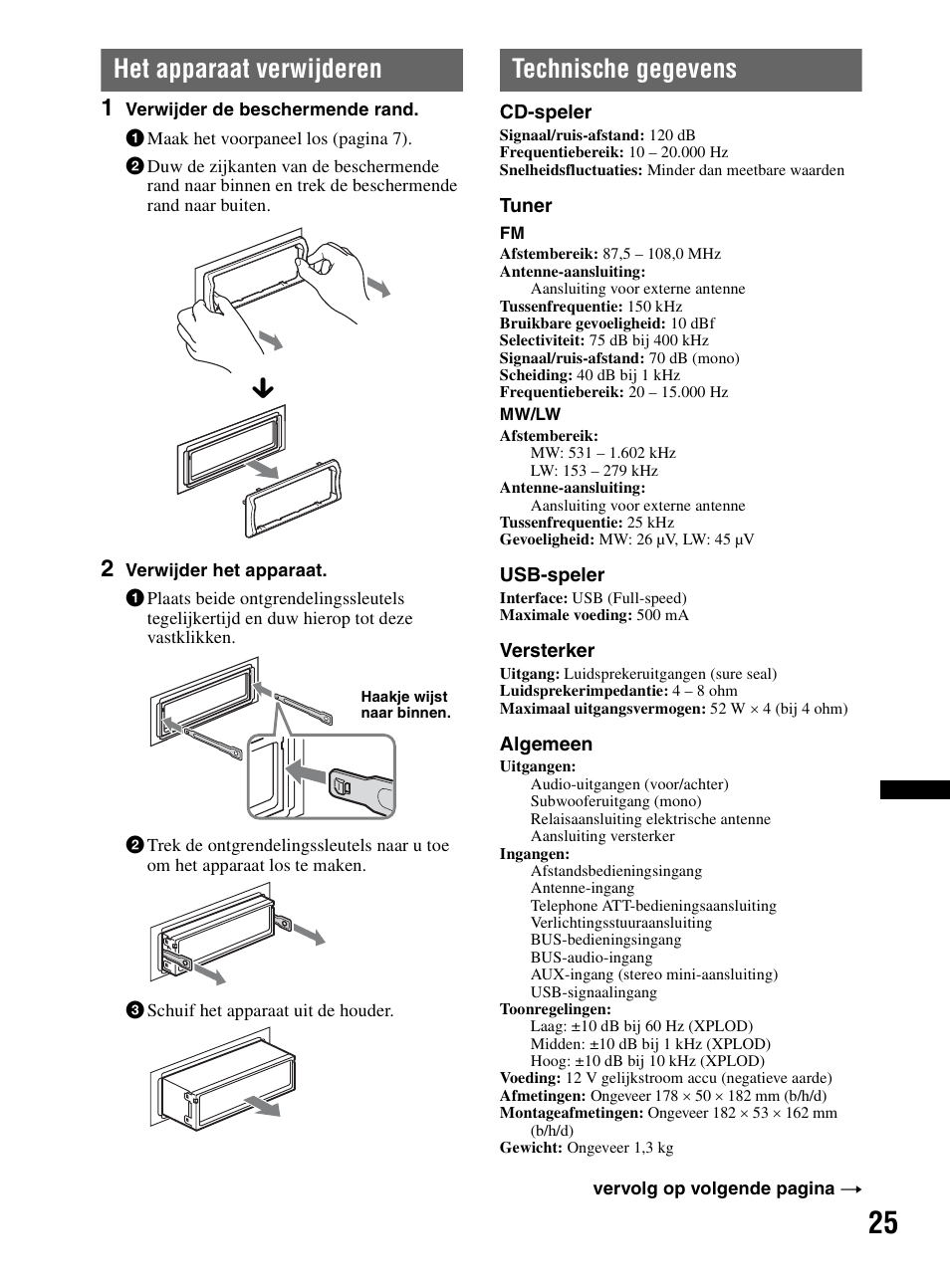 Het apparaat verwijderen, Technische gegevens, Het apparaat verwijderen technische gegevens | Sony CDX-MR60UI User Manual | Page 137 / 172