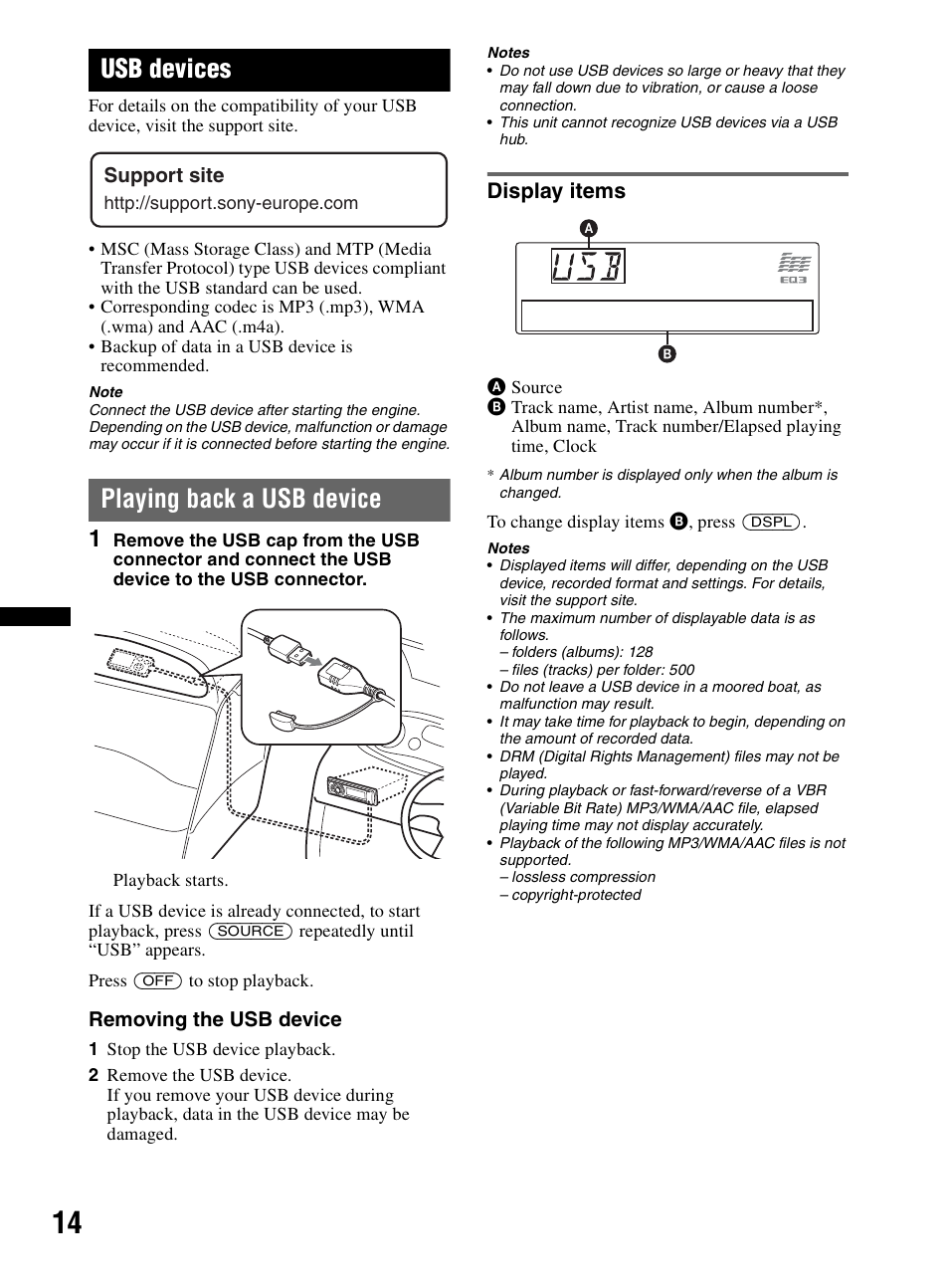 Usb devices, Playing back a usb device, Display items | Sony CDX-MR60UI User Manual | Page 14 / 172