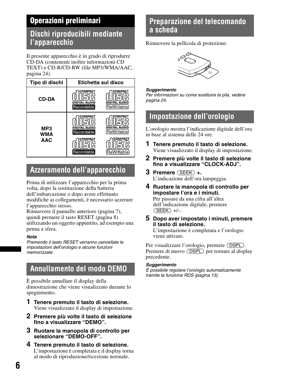 Operazioni preliminari, Dischi riproducibili mediante l’apparecchio, Azzeramento dell’apparecchio | Annullamento del modo demo, Preparazione del telecomando a scheda, Impostazione dell’orologio | Sony CDX-MR60UI User Manual | Page 146 / 172