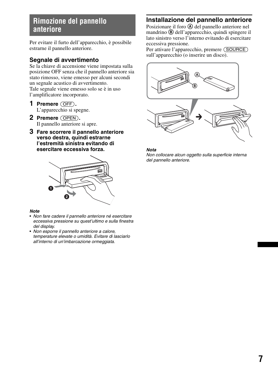 Rimozione del pannello anteriore, Installazione del pannello anteriore | Sony CDX-MR60UI User Manual | Page 147 / 172