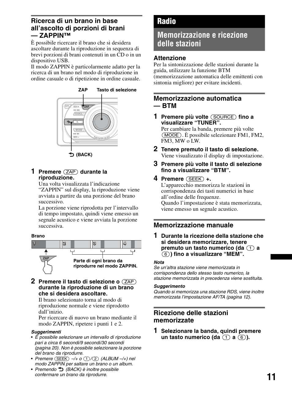 Radio, Memorizzazione e ricezione delle stazioni, Memorizzazione automatica - btm | Memorizzazione manuale, Ricezione delle stazioni memorizzate, Attenzione | Sony CDX-MR60UI User Manual | Page 151 / 172