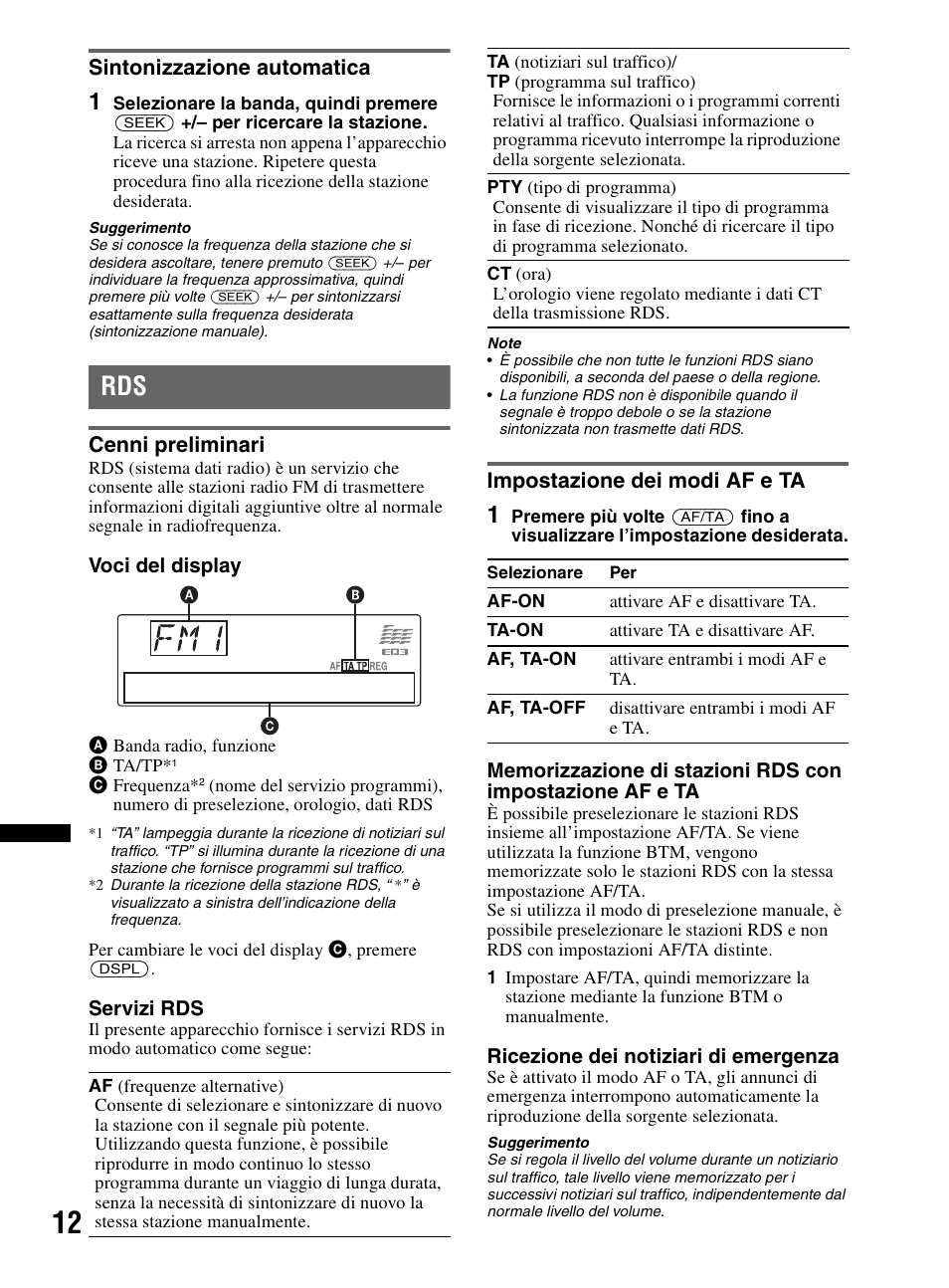 Sintonizzazione automatica, Cenni preliminari, Impostazione dei modi af e ta | Cenni preliminari impostazione dei modi af e ta | Sony CDX-MR60UI User Manual | Page 152 / 172