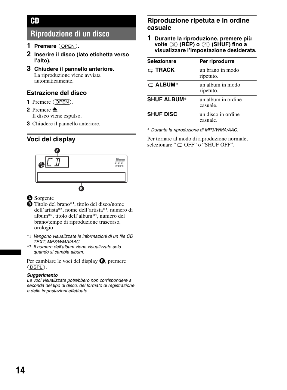 Riproduzione di un disco, Voci del display, Riproduzione ripetuta e in ordine casuale | Cd riproduzione di un disco | Sony CDX-MR60UI User Manual | Page 154 / 172