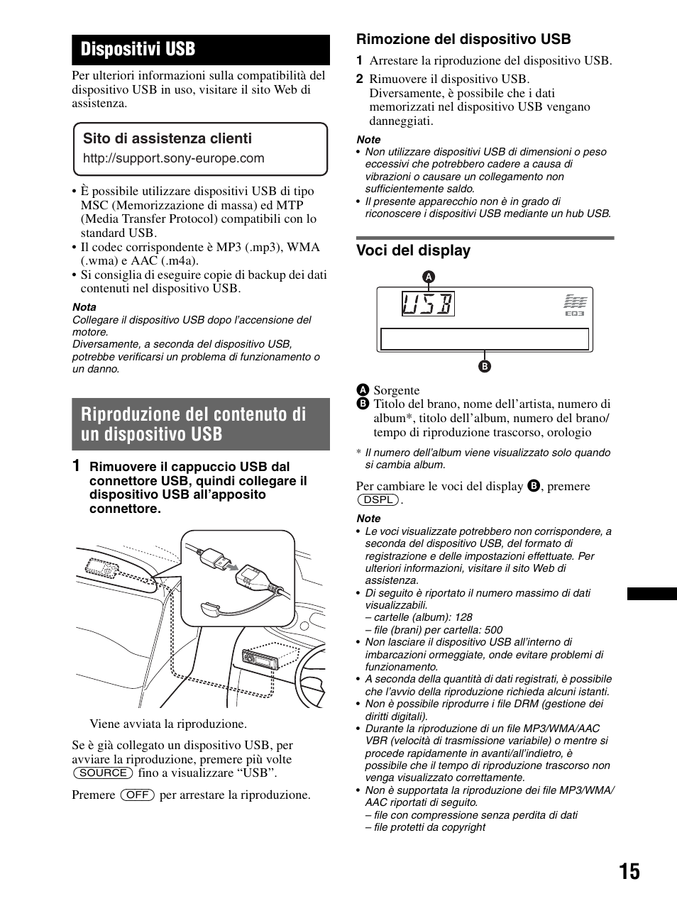 Dispositivi usb, Riproduzione del contenuto di un dispositivo usb, Voci del display | Sony CDX-MR60UI User Manual | Page 155 / 172