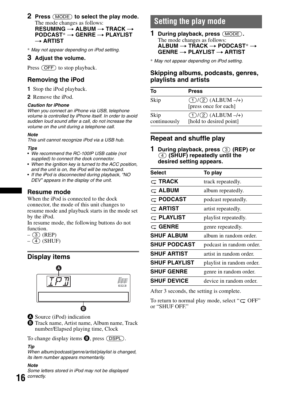 Display items, Setting the play mode, Repeat and shuffle play | Sony CDX-MR60UI User Manual | Page 16 / 172