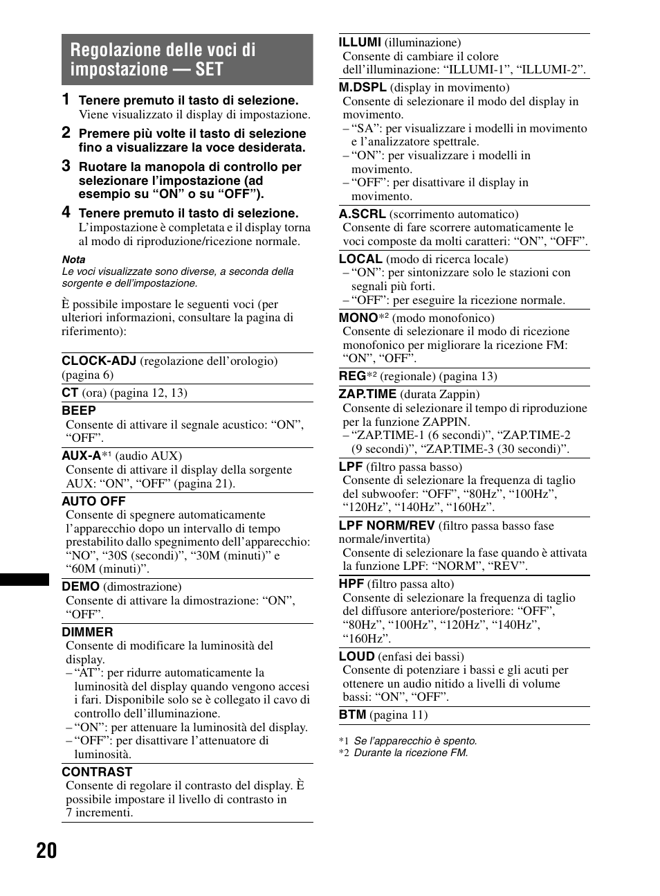 Regolazione delle voci di impostazione - set, Regolazione delle voci di impostazione — set | Sony CDX-MR60UI User Manual | Page 160 / 172