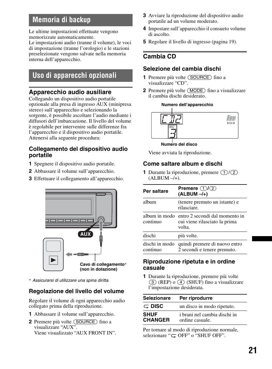 Memoria di backup, Uso di apparecchi opzionali, Apparecchio audio ausiliare | Cambia cd, Memoria di backup uso di apparecchi opzionali, Apparecchio audio ausiliare cambia cd | Sony CDX-MR60UI User Manual | Page 161 / 172