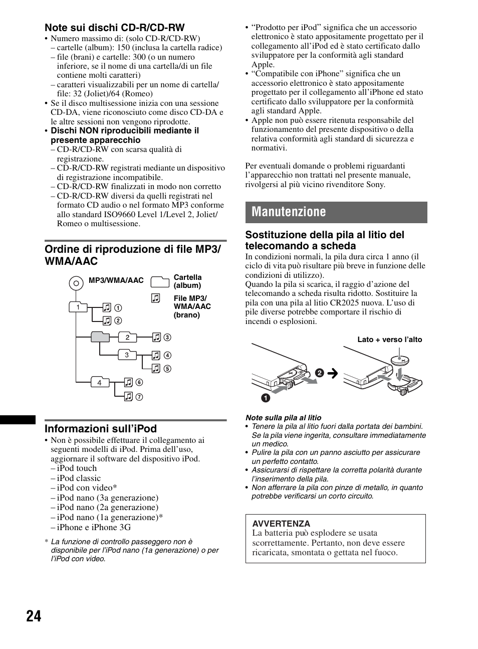 Ordine di riproduzione di file mp3/ wma/aac, Informazioni sull’ipod, Manutenzione | Sony CDX-MR60UI User Manual | Page 164 / 172