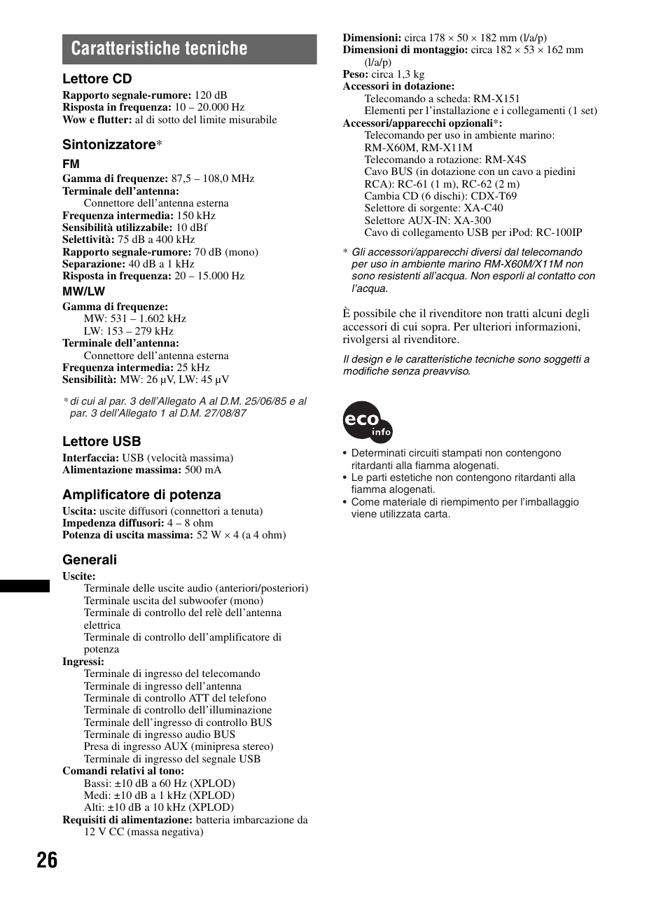 Caratteristiche tecniche | Sony CDX-MR60UI User Manual | Page 166 / 172