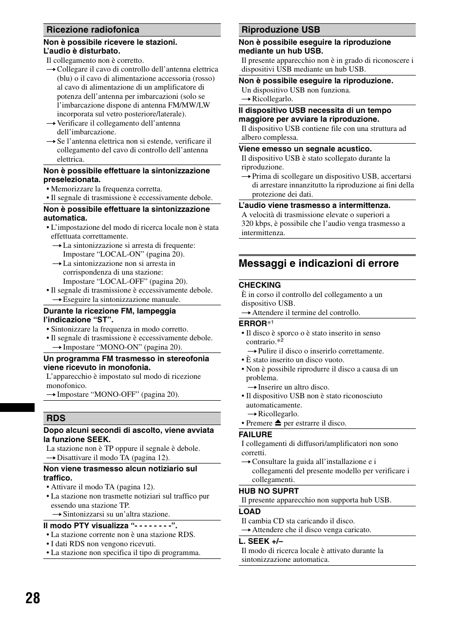 Messaggi e indicazioni di errore | Sony CDX-MR60UI User Manual | Page 168 / 172