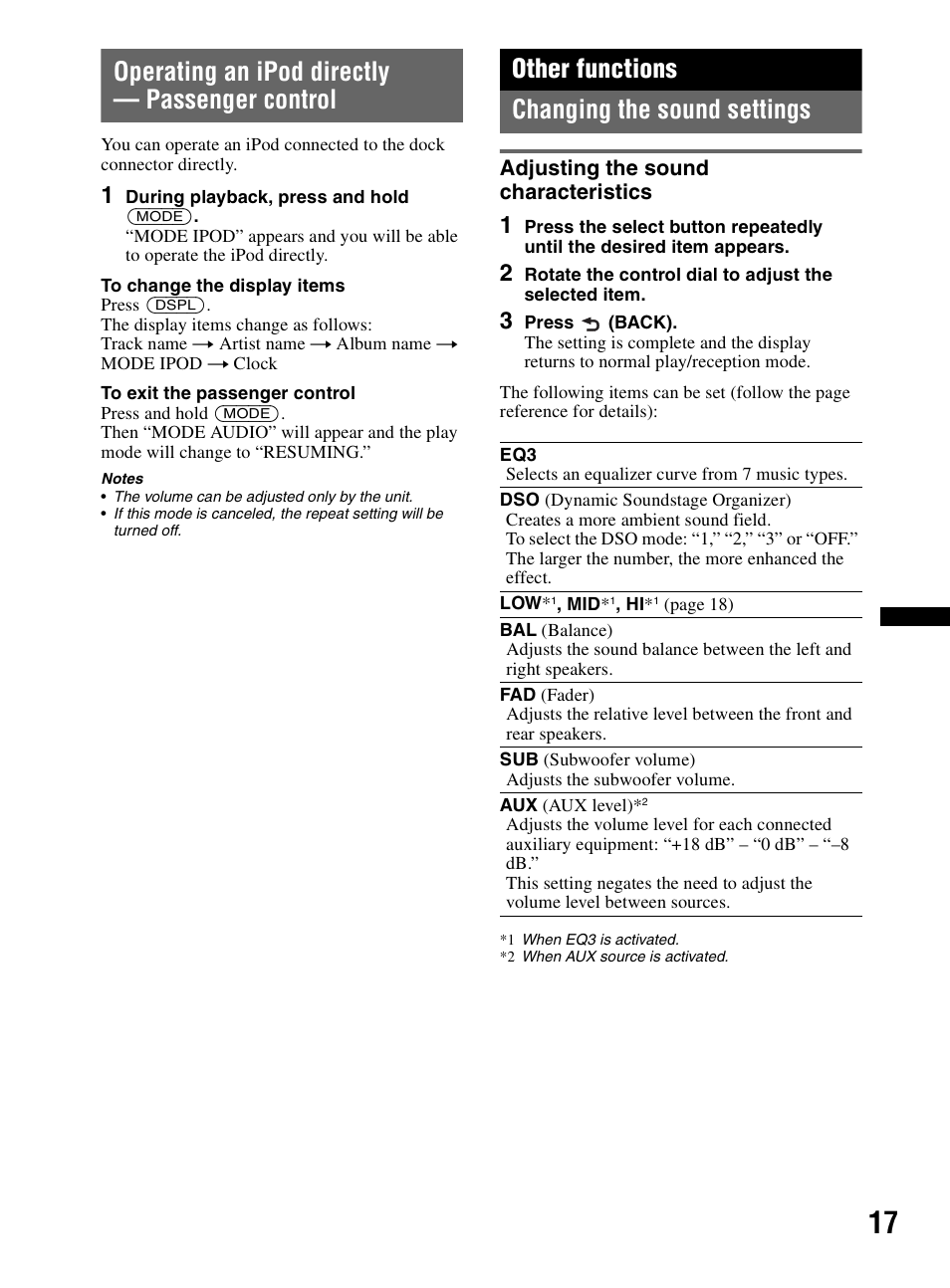 Operating an ipod directly - passenger control, Other functions, Changing the sound settings | Adjusting the sound characteristics, Operating an ipod directly — passenger control, Other functions changing the sound settings | Sony CDX-MR60UI User Manual | Page 17 / 172