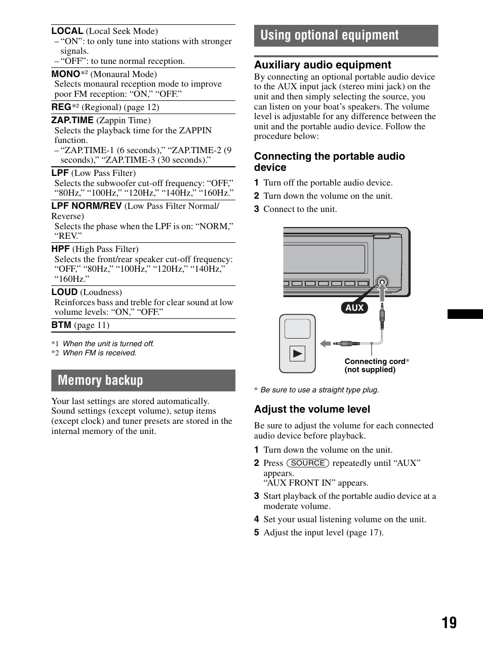 Memory backup, Using optional equipment, Auxiliary audio equipment | Memory backup using optional equipment | Sony CDX-MR60UI User Manual | Page 19 / 172