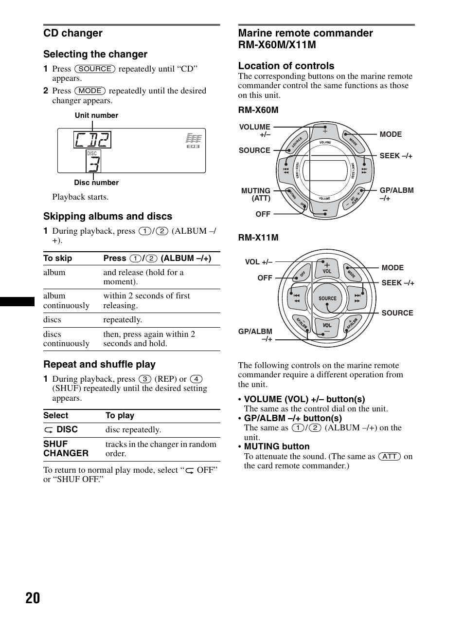 Cd changer, Marine remote commander rm-x60m/x11m, Cd changer marine remote commander rm-x60m/x11m | Sony CDX-MR60UI User Manual | Page 20 / 172