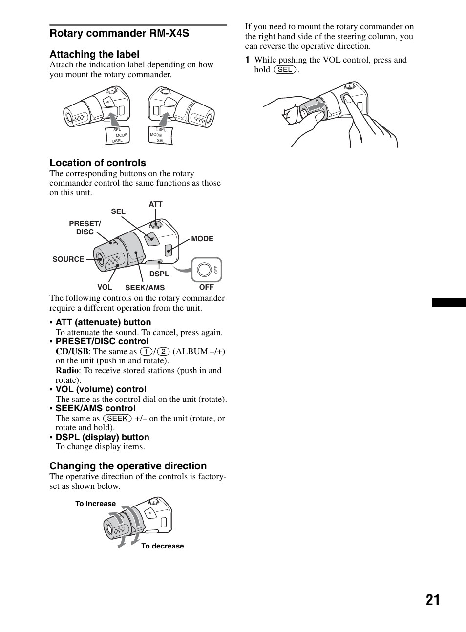 Rotary commander rm-x4s, Attaching the label, Location of controls | Changing the operative direction | Sony CDX-MR60UI User Manual | Page 21 / 172