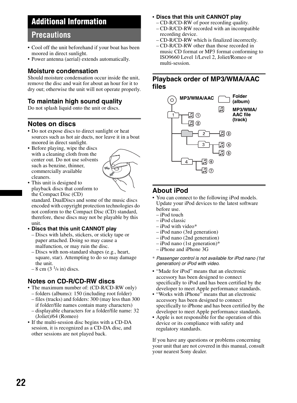 Additional information, Precautions, Notes on discs | Playback order of mp3/wma/aac files, About ipod, Additional information precautions | Sony CDX-MR60UI User Manual | Page 22 / 172