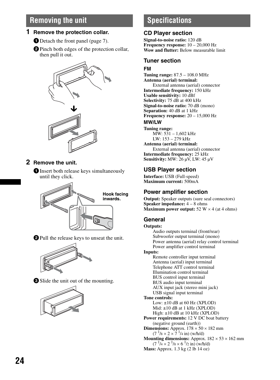 Removing the unit, Specifications, Removing the unit specifications | Sony CDX-MR60UI User Manual | Page 24 / 172