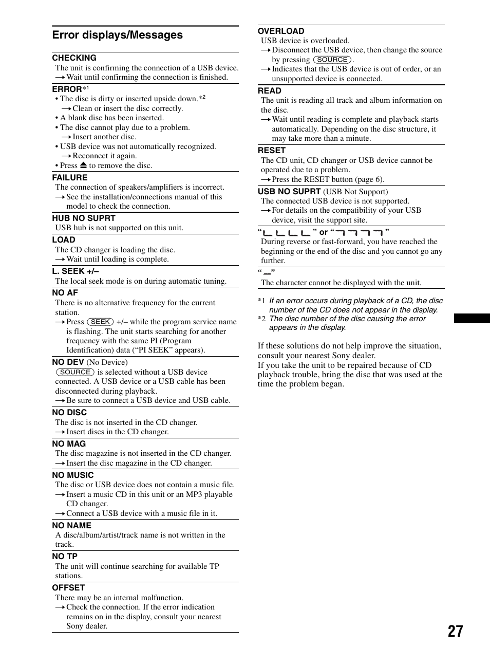 Error displays/messages | Sony CDX-MR60UI User Manual | Page 27 / 172