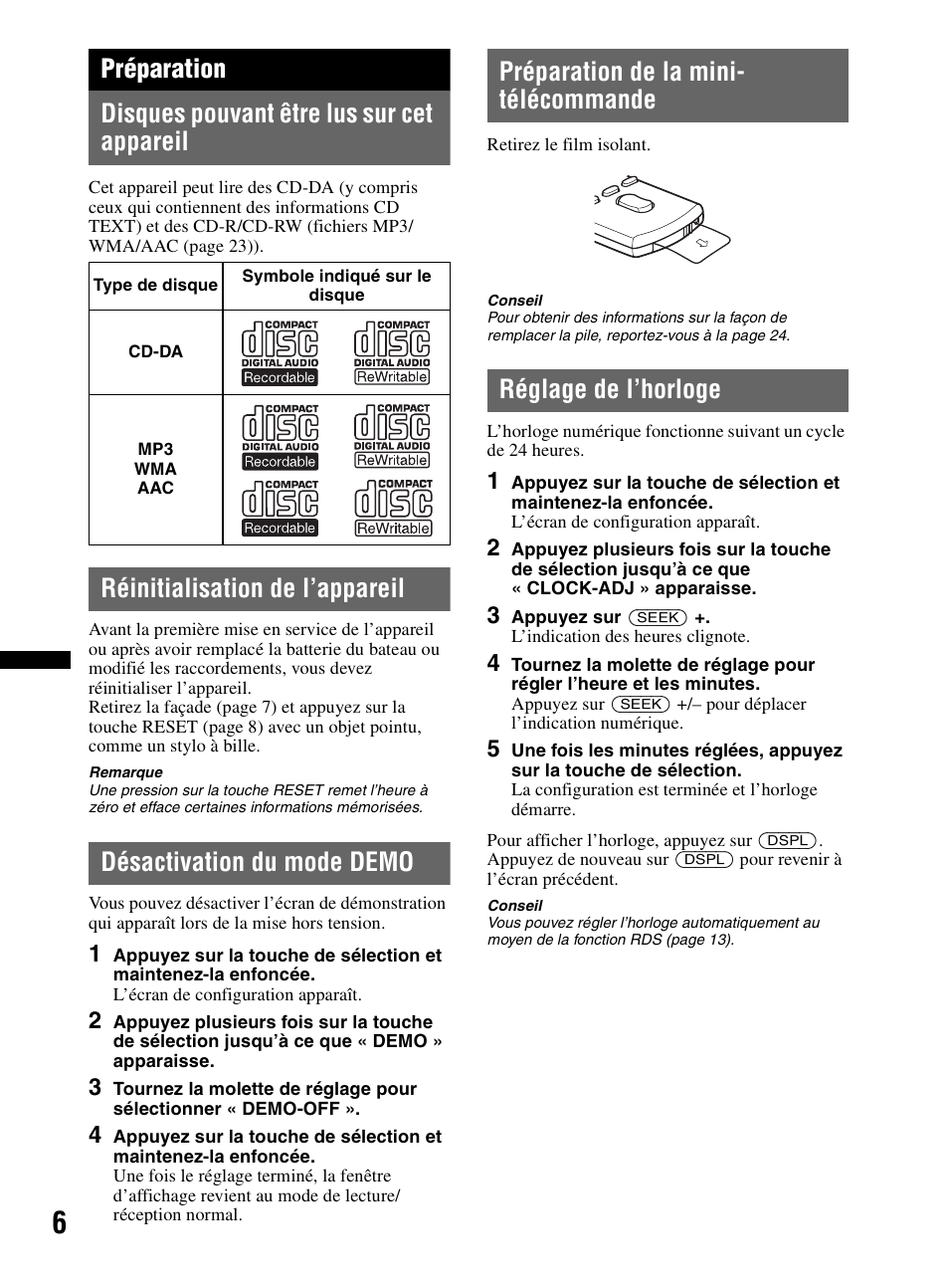 Préparation, Disques pouvant être lus sur cet appareil, Réinitialisation de l’appareil | Désactivation du mode demo, Préparation de la mini- télécommande, Réglage de l’horloge | Sony CDX-MR60UI User Manual | Page 32 / 172