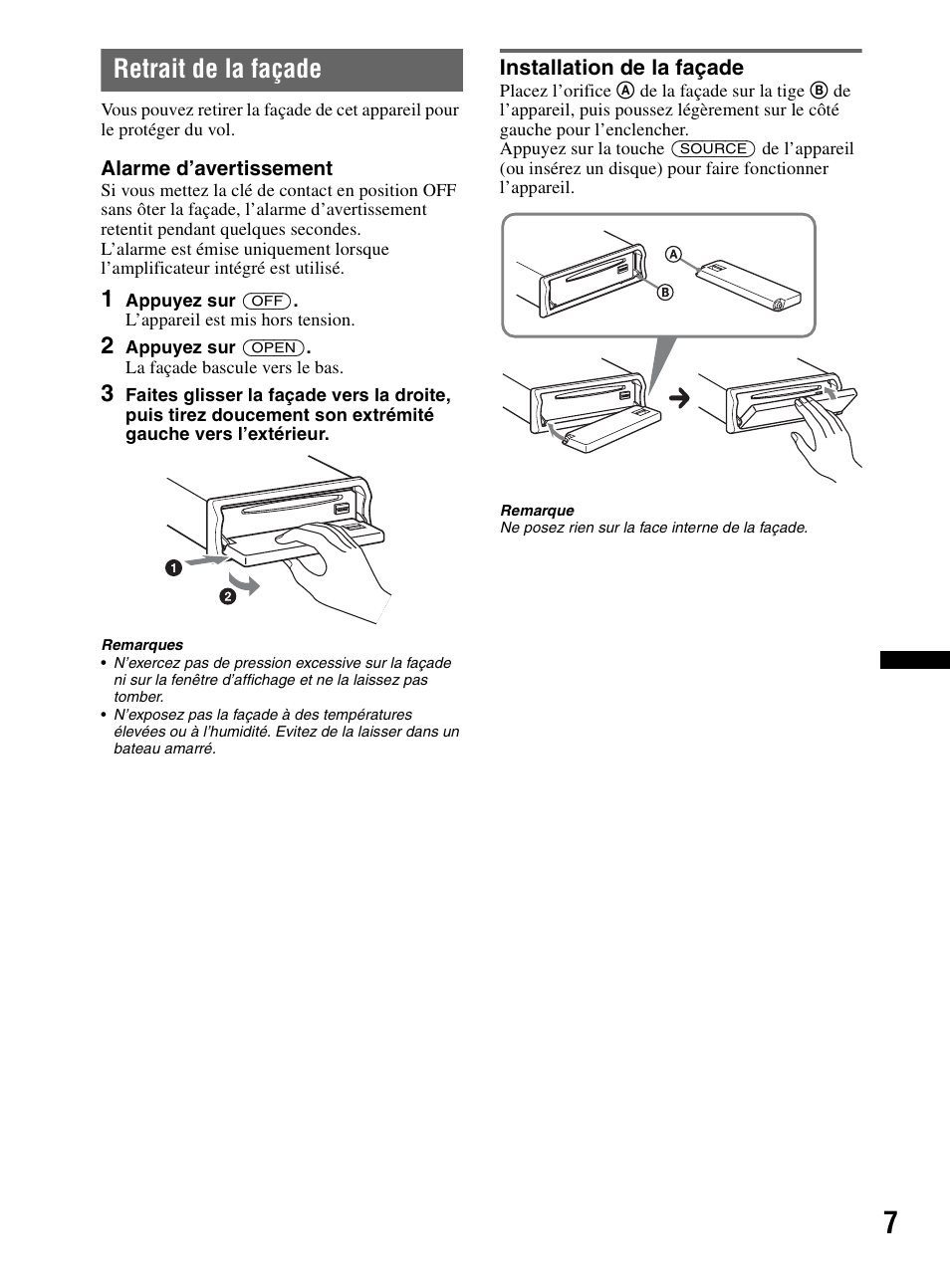 Retrait de la façade, Installation de la façade | Sony CDX-MR60UI User Manual | Page 33 / 172