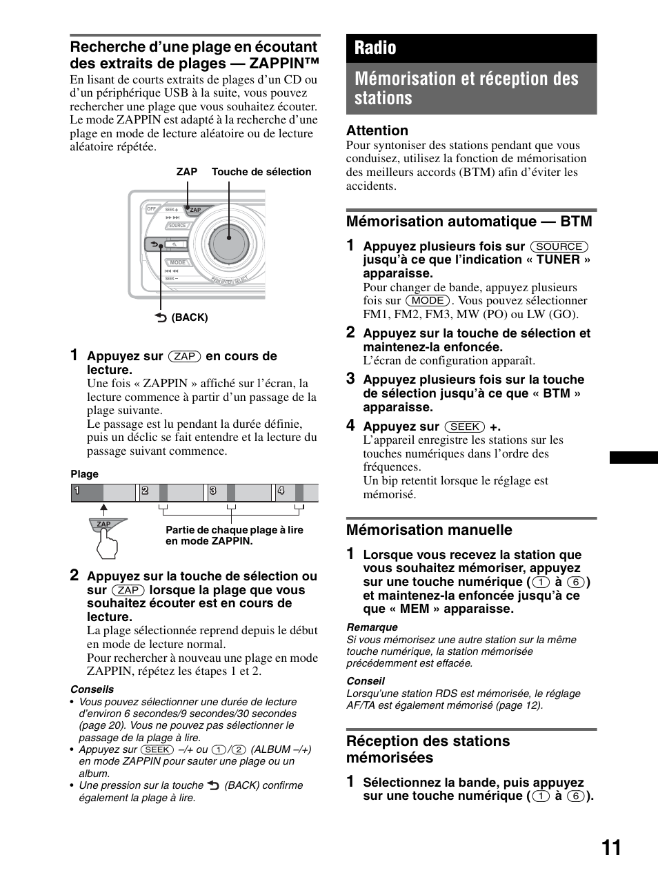 Radio, Mémorisation et réception des stations, Mémorisation automatique - btm | Mémorisation manuelle, Réception des stations mémorisées, Radio mémorisation et réception des stations, Mémorisation automatique — btm, Attention | Sony CDX-MR60UI User Manual | Page 37 / 172