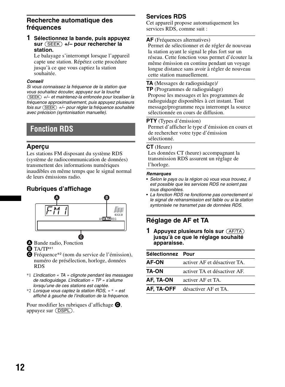 Recherche automatique des fréquences, Fonction rds, Aperçu | Réglage de af et ta, Aperçu réglage de af et ta | Sony CDX-MR60UI User Manual | Page 38 / 172