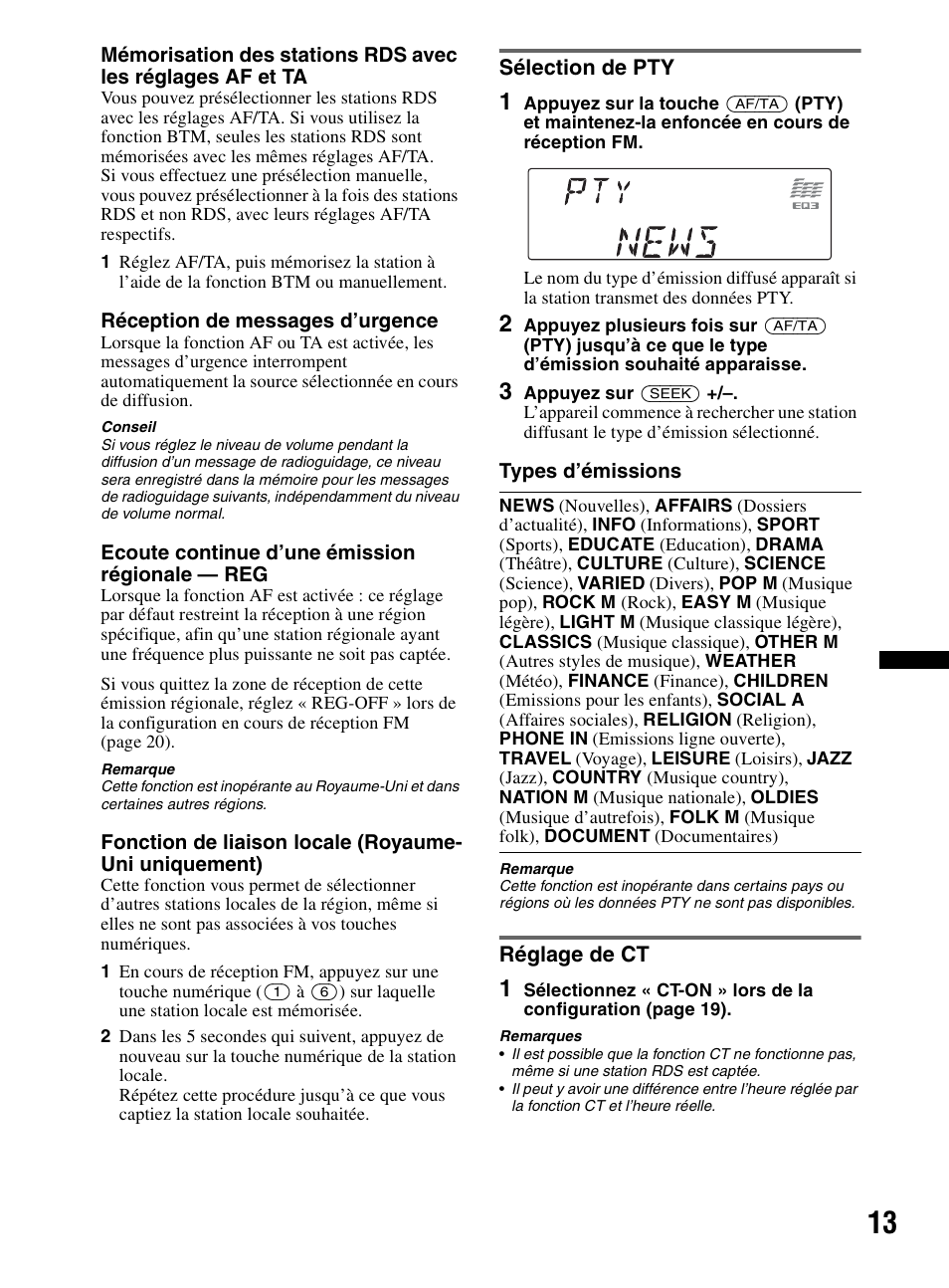 Sélection de pty, Réglage de ct, Sélection de pty réglage de ct | Sony CDX-MR60UI User Manual | Page 39 / 172