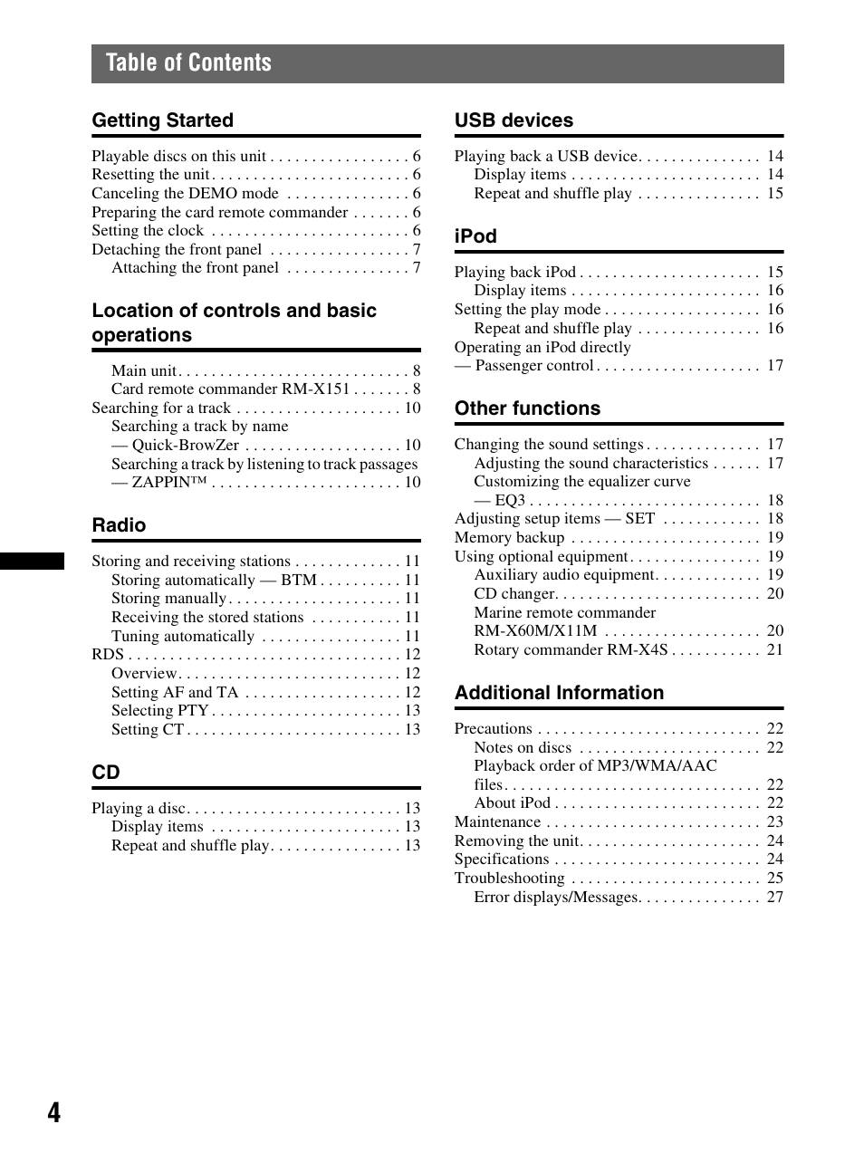 Sony CDX-MR60UI User Manual | Page 4 / 172