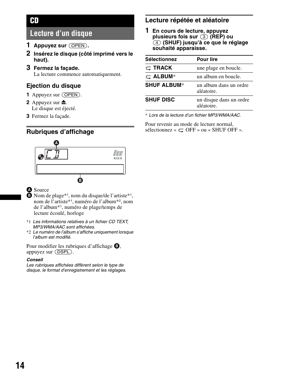 Lecture d’un disque, Rubriques d’affichage, Lecture répétée et aléatoire | Rubriques d’affichage lecture répétée et aléatoire, Cd lecture d’un disque | Sony CDX-MR60UI User Manual | Page 40 / 172