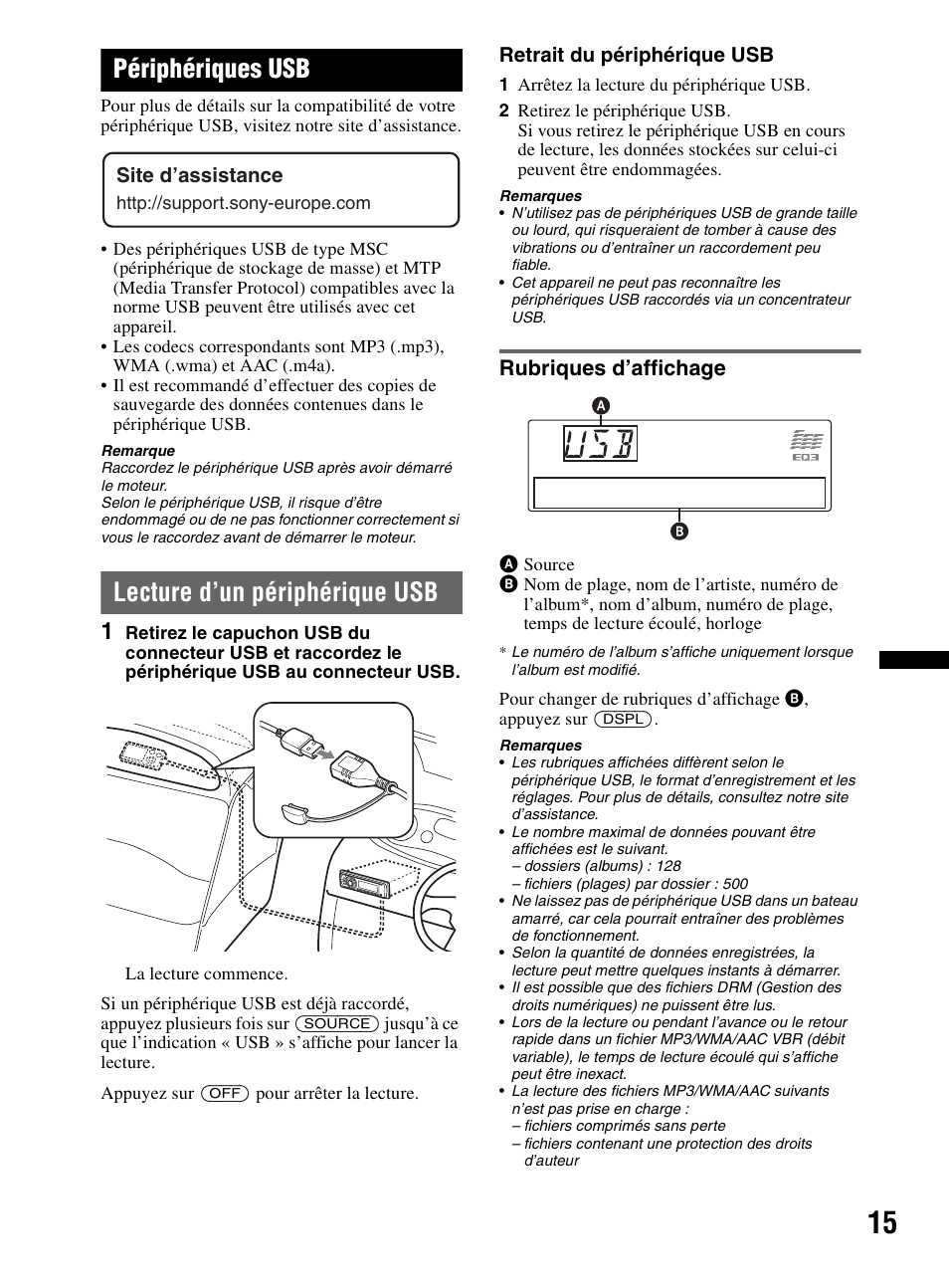 Périphériques usb, Lecture d’un périphérique usb, Rubriques d’affichage | Sony CDX-MR60UI User Manual | Page 41 / 172