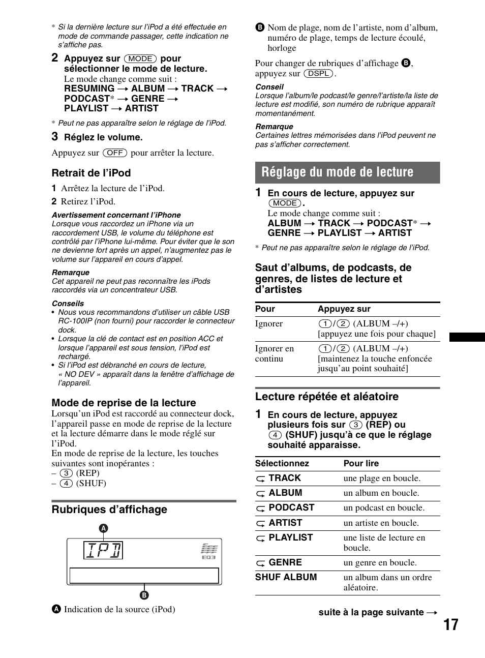 Rubriques d’affichage, Réglage du mode de lecture, Lecture répétée et aléatoire | Sony CDX-MR60UI User Manual | Page 43 / 172