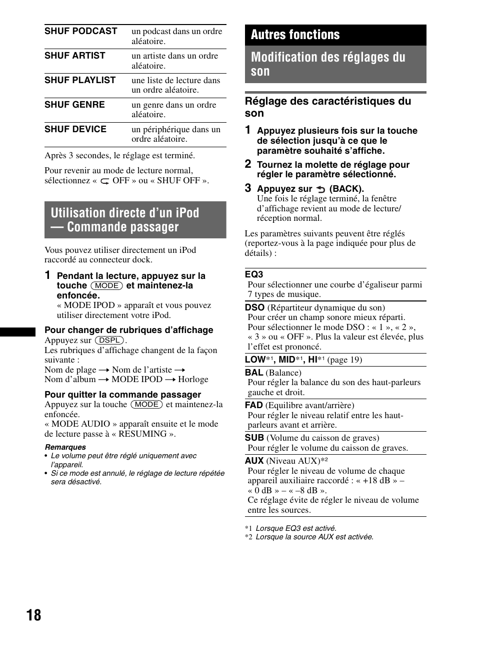 Utilisation directe d’un ipod - commande passager, Autres fonctions, Modification des réglages du son | Réglage des caractéristiques du son, Utilisation directe d’un ipod — commande passager, Autres fonctions modification des réglages du son | Sony CDX-MR60UI User Manual | Page 44 / 172