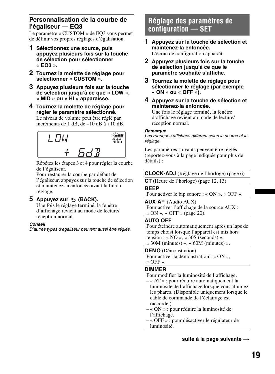 Personnalisation de la courbe de l’égaliseur - eq3, Réglage des paramètres de configuration - set, Personnalisation de la courbe de l’égaliseur — eq3 | Réglage des paramètres de configuration — set | Sony CDX-MR60UI User Manual | Page 45 / 172