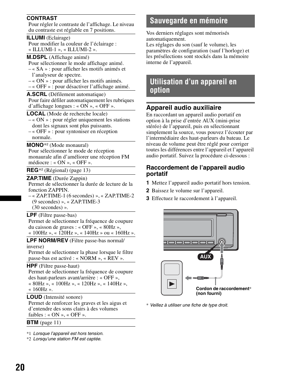 Sauvegarde en mémoire, Utilisation d’un appareil en option, Appareil audio auxiliaire | Sony CDX-MR60UI User Manual | Page 46 / 172