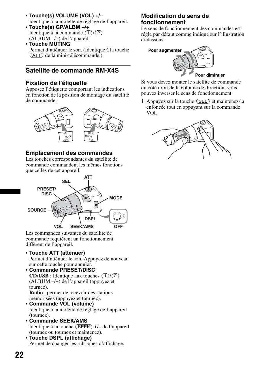 Satellite de commande rm-x4s, Fixation de l’étiquette, Emplacement des commandes | Modification du sens de fonctionnement | Sony CDX-MR60UI User Manual | Page 48 / 172