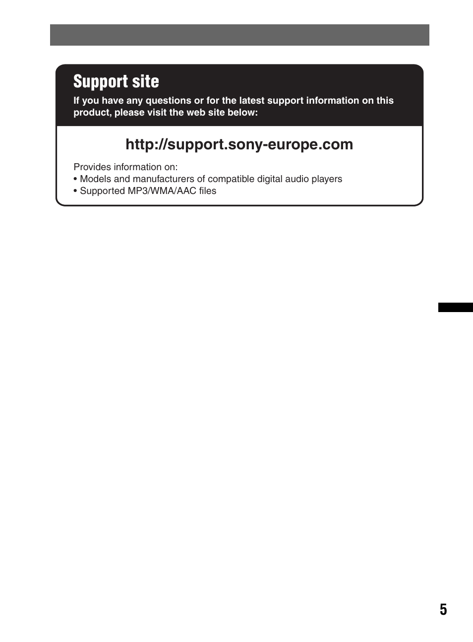 Support site | Sony CDX-MR60UI User Manual | Page 5 / 172