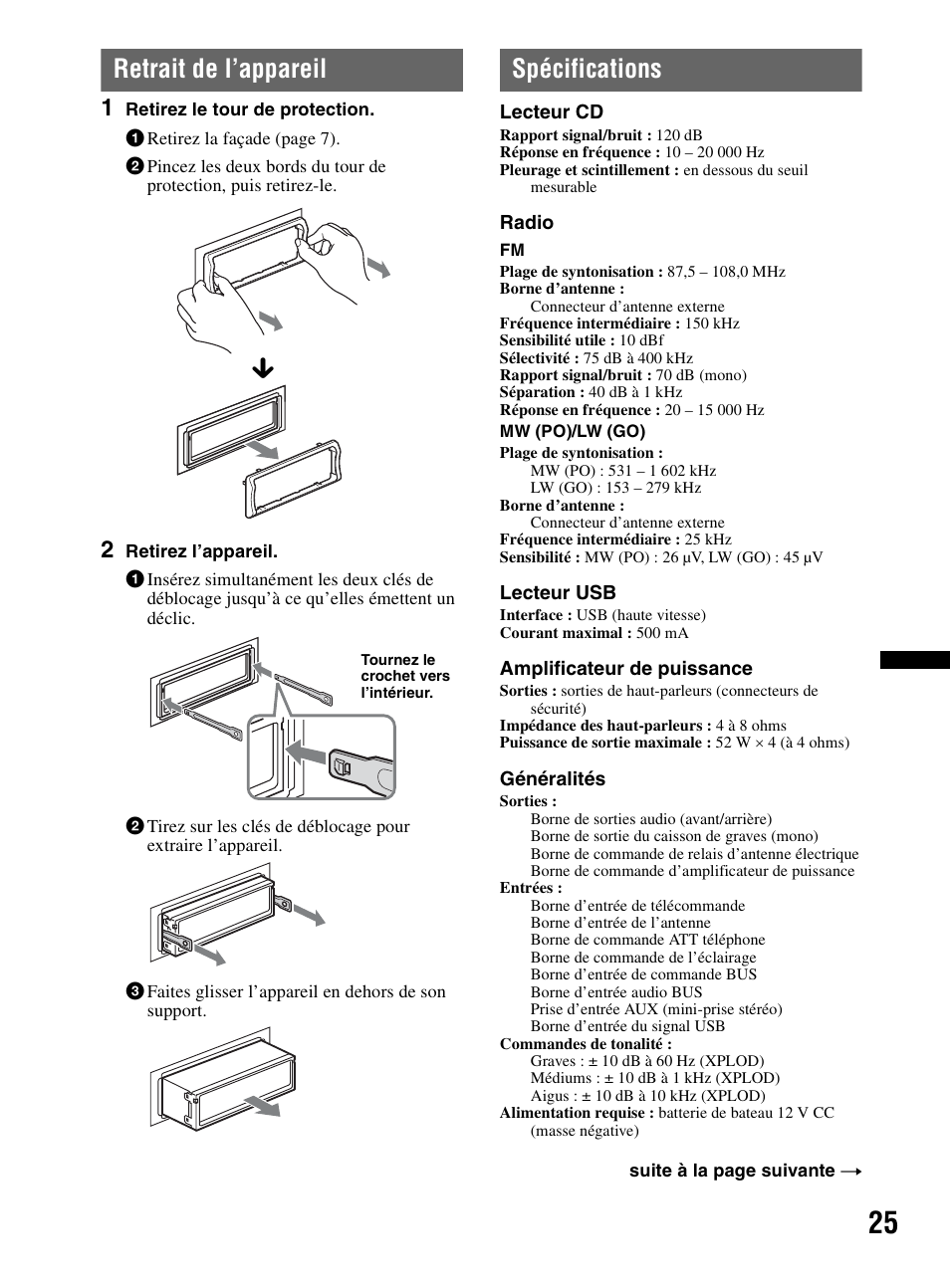 Retrait de l’appareil, Spécifications, Retrait de l’appareil spécifications | Sony CDX-MR60UI User Manual | Page 51 / 172