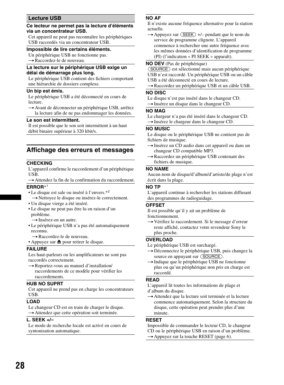 Affichage des erreurs et messages | Sony CDX-MR60UI User Manual | Page 54 / 172