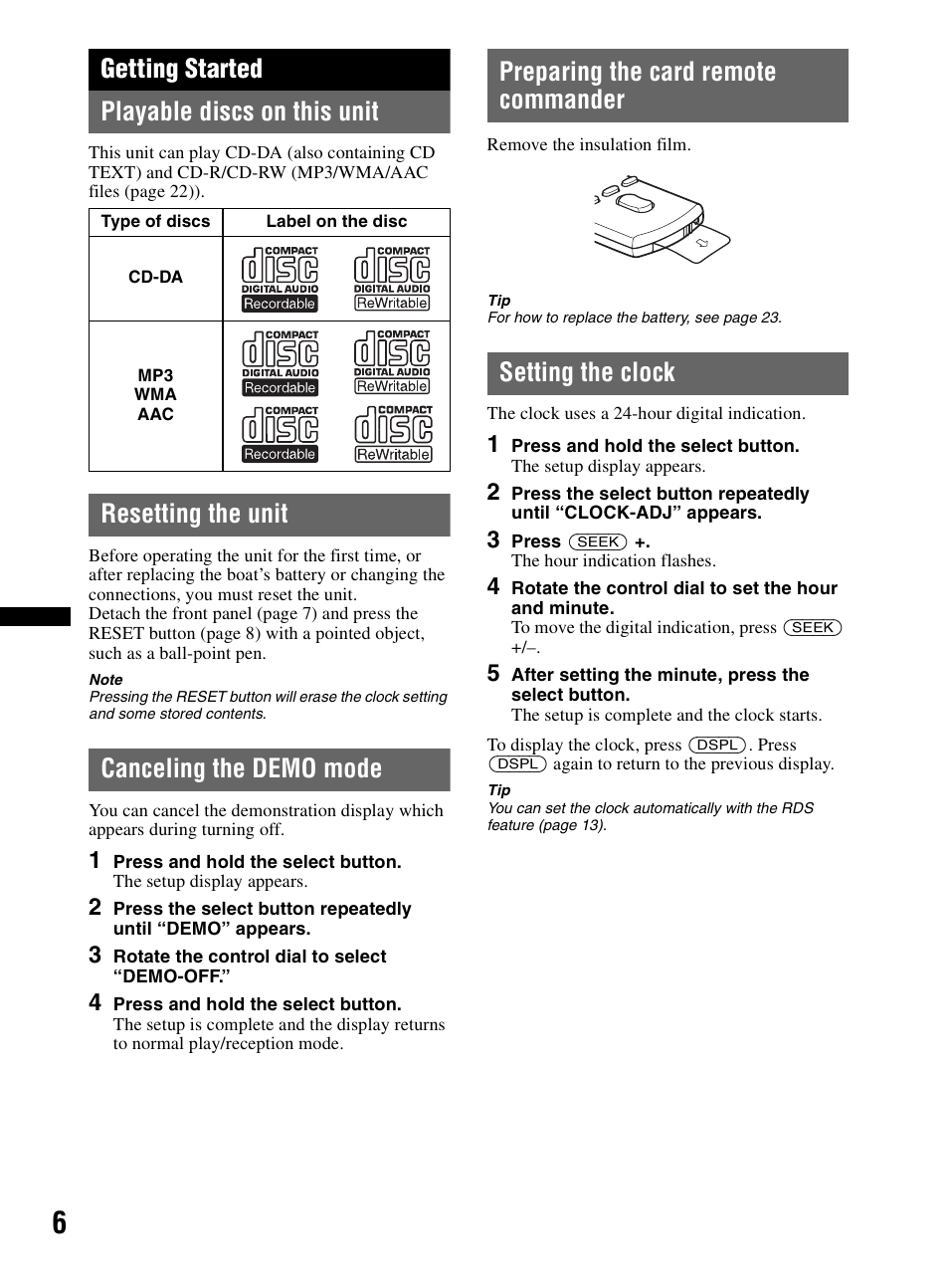 Getting started, Playable discs on this unit, Resetting the unit | Canceling the demo mode, Preparing the card remote commander, Setting the clock, Getting started playable discs on this unit | Sony CDX-MR60UI User Manual | Page 6 / 172