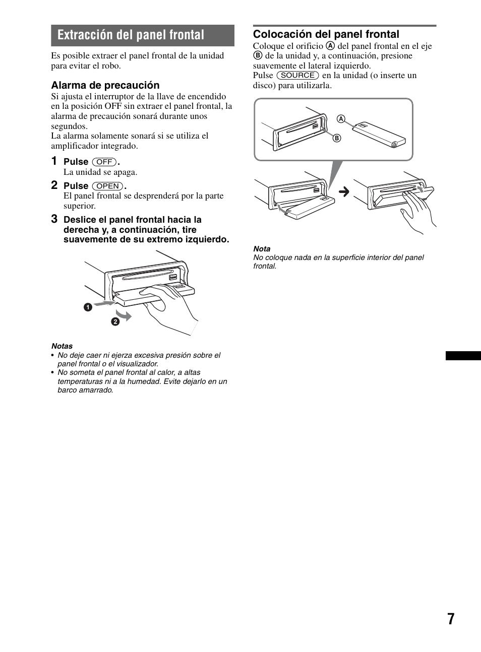 Extracción del panel frontal, Colocación del panel frontal | Sony CDX-MR60UI User Manual | Page 61 / 172