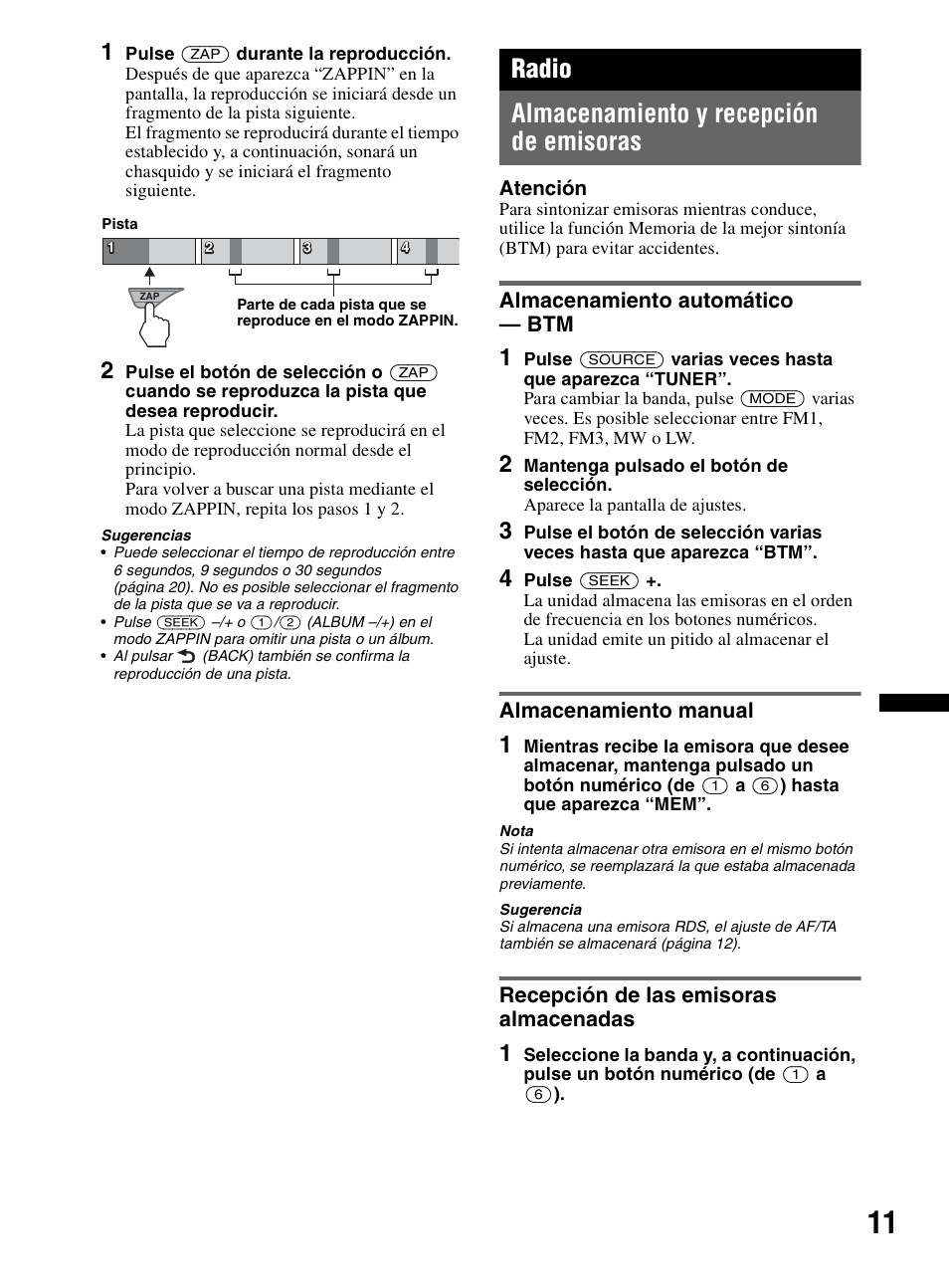 Radio, Almacenamiento y recepción de emisoras, Almacenamiento automático - btm | Almacenamiento manual, Recepción de las emisoras almacenadas, Radio almacenamiento y recepción de emisoras | Sony CDX-MR60UI User Manual | Page 65 / 172