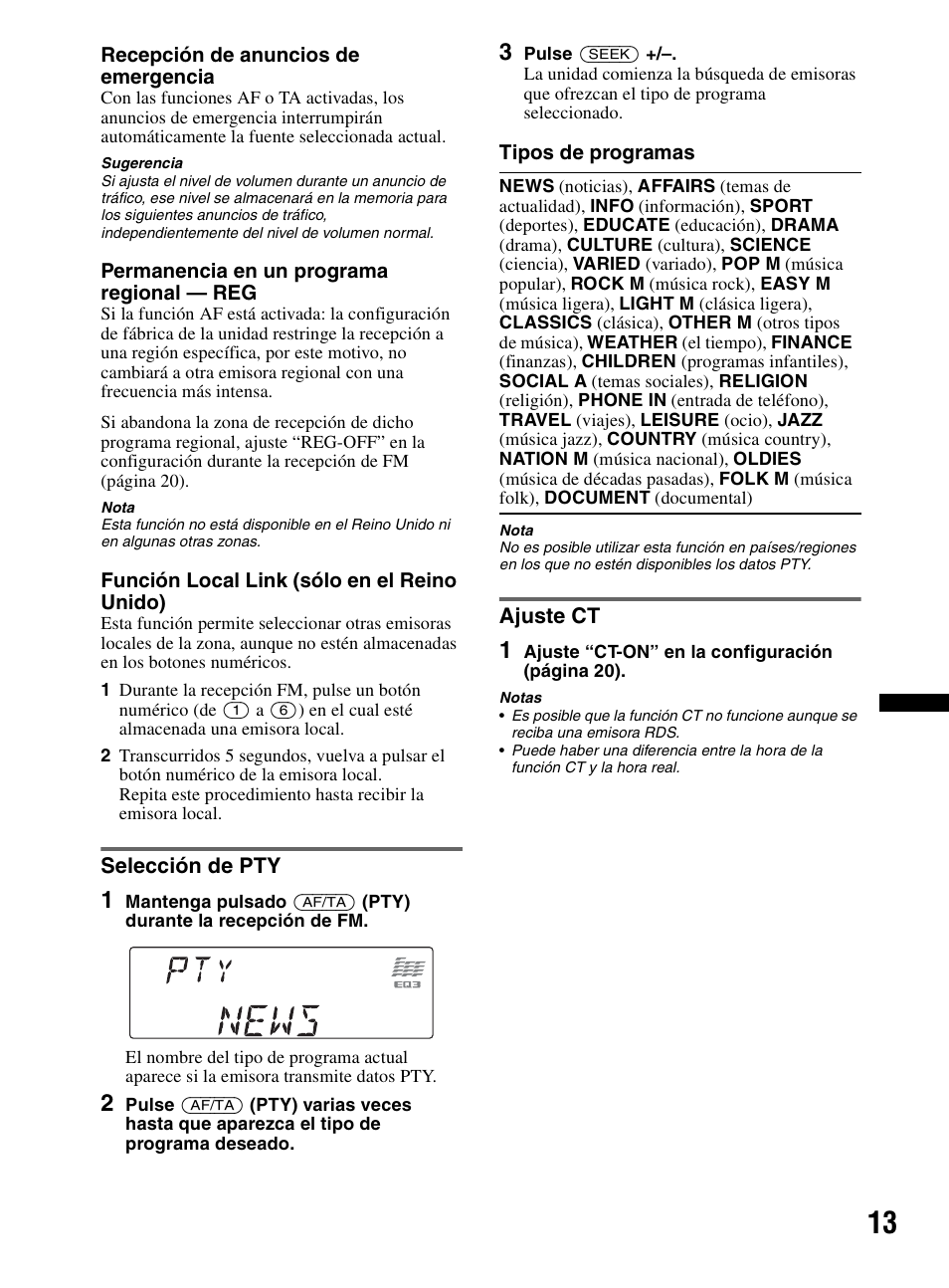 Selección de pty, Ajuste ct, Selección de pty ajuste ct | Sony CDX-MR60UI User Manual | Page 67 / 172