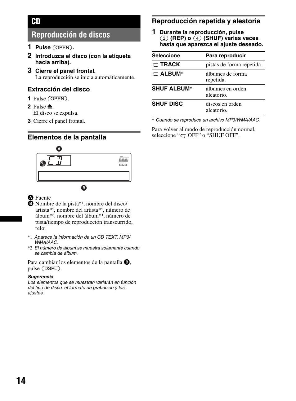 Reproducción de discos, Elementos de la pantalla, Reproducción repetida y aleatoria | Cd reproducción de discos | Sony CDX-MR60UI User Manual | Page 68 / 172