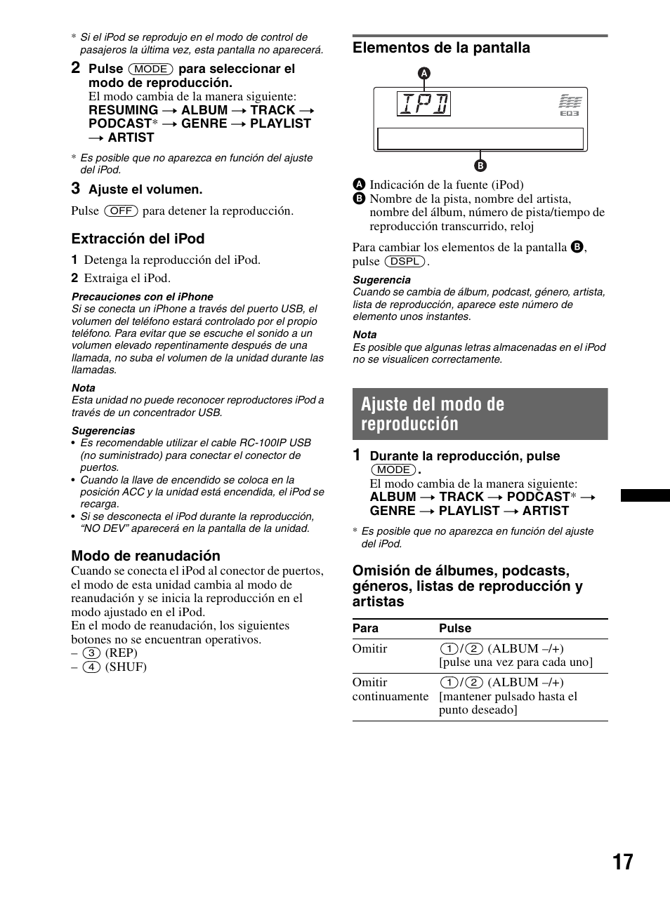 Elementos de la pantalla, Ajuste del modo de reproducción | Sony CDX-MR60UI User Manual | Page 71 / 172