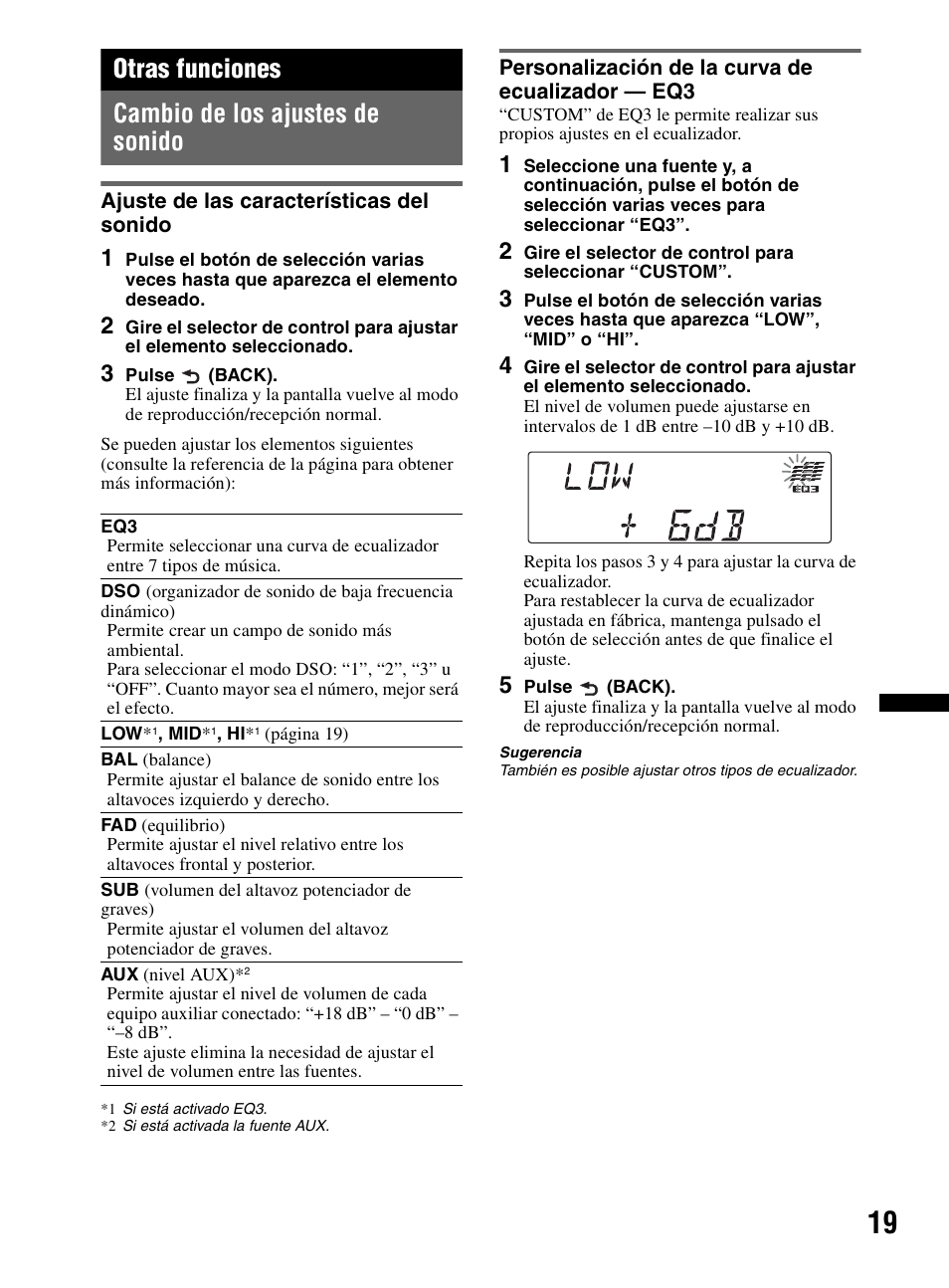 Otras funciones, Cambio de los ajustes de sonido, Ajuste de las características del sonido | Personalización de la curva de ecualizador - eq3, Otras funciones cambio de los ajustes de sonido | Sony CDX-MR60UI User Manual | Page 73 / 172