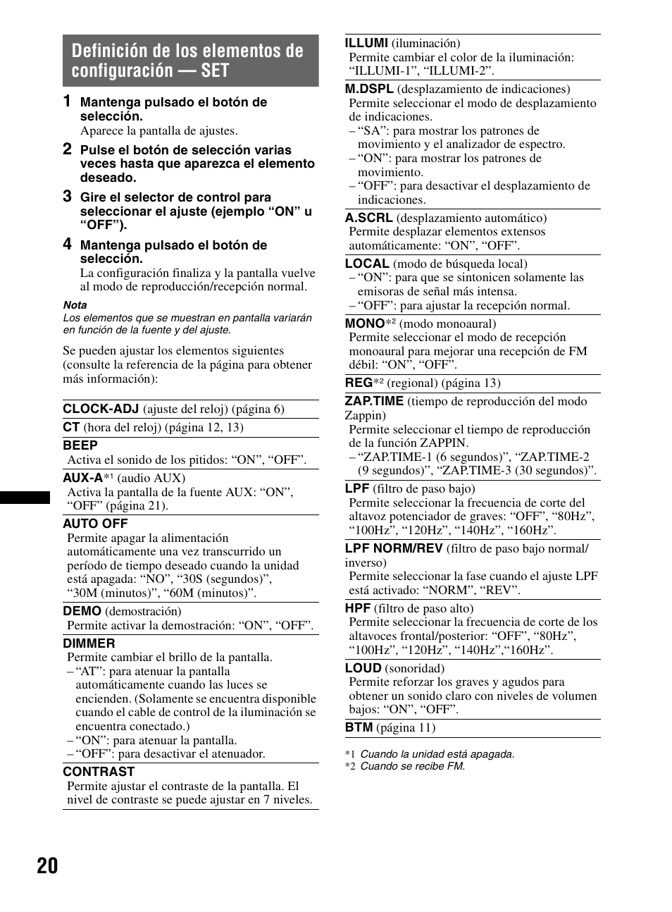 Definición de los elementos de configuración - set, Definición de los elementos de configuración — set | Sony CDX-MR60UI User Manual | Page 74 / 172