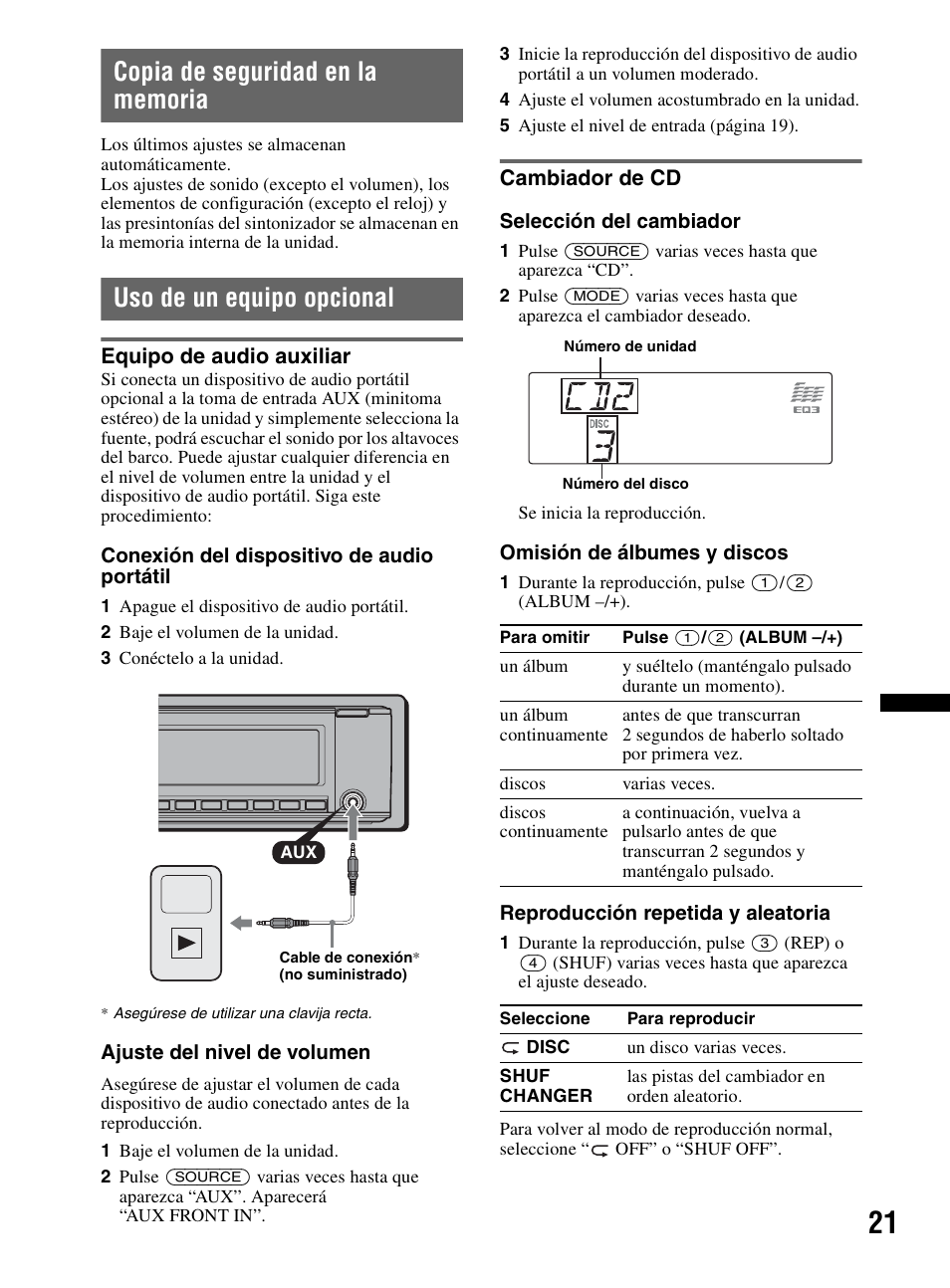 Copia de seguridad en la memoria, Uso de un equipo opcional, Equipo de audio auxiliar | Cambiador de cd, Equipo de audio auxiliar cambiador de cd | Sony CDX-MR60UI User Manual | Page 75 / 172