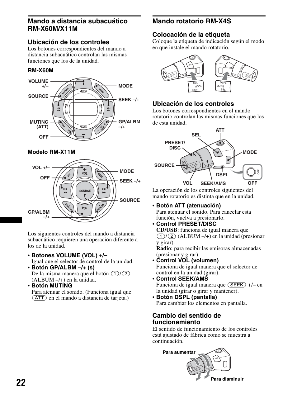 Mando a distancia subacuático rm-x60m/x11m, Mando rotatorio rm-x4s, Ubicación de los controles | Colocación de la etiqueta, Cambio del sentido de funcionamiento | Sony CDX-MR60UI User Manual | Page 76 / 172